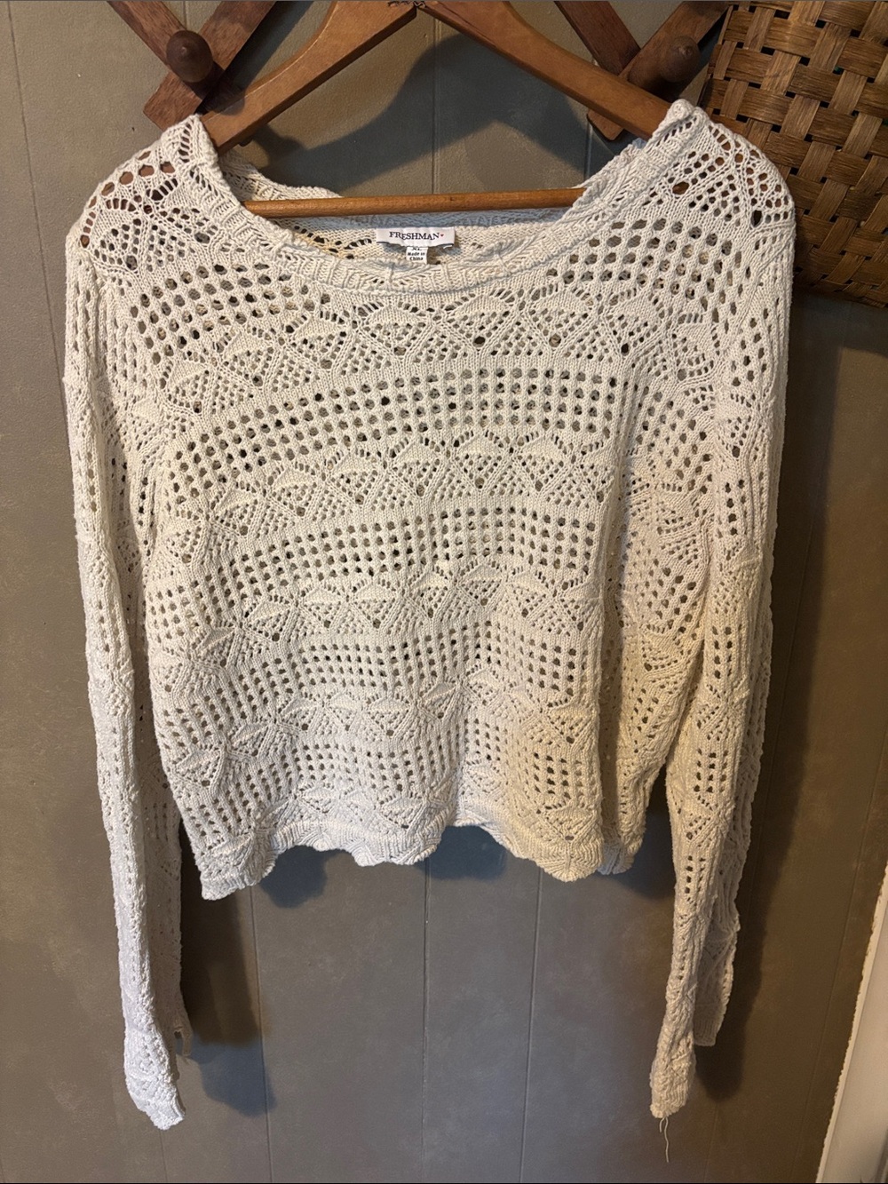 Freshman Open-Weave Cream Crewneck Sweater